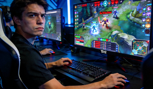 DOTA2国际邀请赛TI12比赛画面，选手专注操作，游戏界面复杂